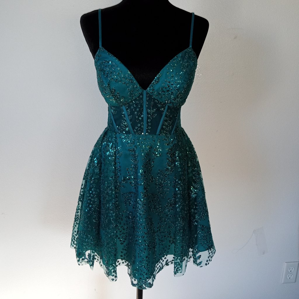 Blondie Nites Sz 3 Sheer Midriff Mini Dress Teal Lace--Prom, Special Occasion